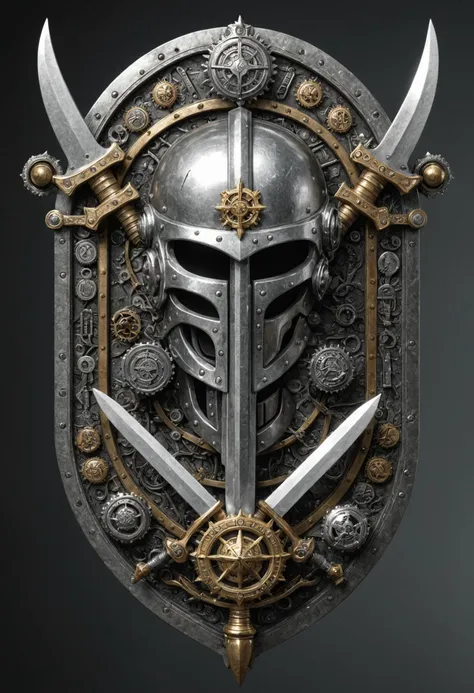 heraldry argent clan badge with chief ordinaries and fret, one sword, animals supporters, barred helmet, , fluxus, steampunk, freezing, real-time gi caching, decima engine, cubist, photo retouching, surreal, all-in-focus, 2k, futuristic, meiosis