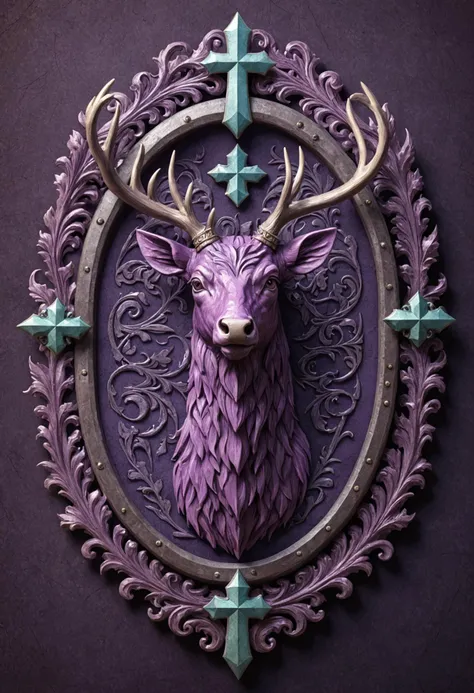 heraldry purpure tribal badge with cross ordinaries and fret, one stag, , medieval art, teslapunk, creative vibrancy, subsurface reflections, re engine, luminous, pastel drawing, art nouveau, clear visuals, 2k, groundbreaking, enjambment