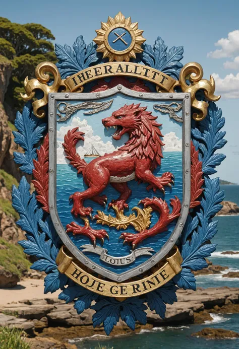 heraldry or house badge with chief ordinaries and annulet, one motto, complex mantling, , aboriginal dot painting, teslapunk, shoreline views, environment occlusion, redengine engine, romanticist, oil painting, comic book style, depth of field (dof), clear background, uhd, original, foreshadowing