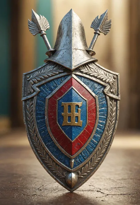 heraldry argent livery badge with chevron ordinaries and flaunches, one spear,   complex mantling, close helmet, , persian miniature,  polychromatic, real-time ray tracing, source engine, abstract expressionist, chromogenic prints, front view,   blurred background, 32k, creative, symbolism