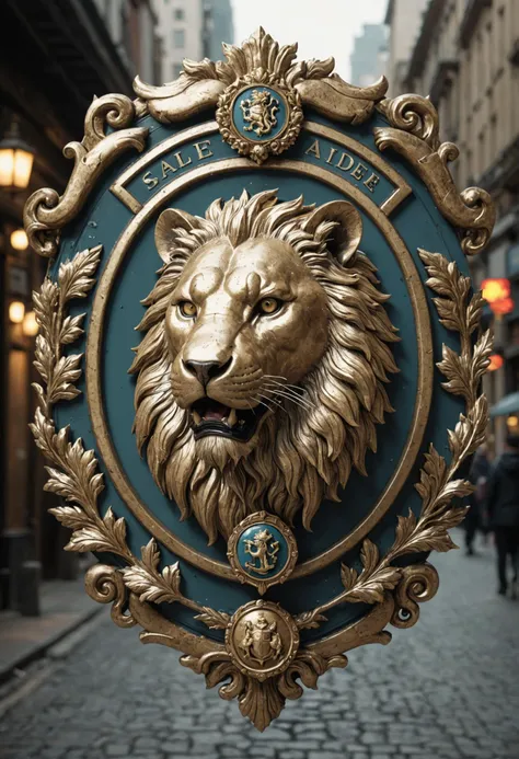 heraldry sable personal badge with pale ordinaries and canton, multiple lion, jugular helmet, , street photography, post-cyberpunk, minimal vegetation, global illumination, source engine, baroque, collage, romantic art, skybox / skydome, depth blur, 4k, resourceful, allegory