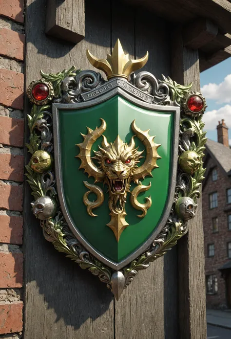 heraldry vert house badge with bend sinister ordinaries and lozenge, multiple  demons supporters,    , realism, biopunk, reconstructed, anamorphic lens flare, renderware engine, street art, photogravure, 3d,  lens distortion, clear visuals, uhd, breakthrough, flashback