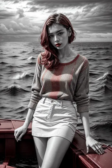 raw photo, selfie from iphone 14 pro max, high quality, best quality, absurdres, 1girl, beautiful woman, detailed face, (visible hands:1.6) (pale skin:1.8), lipstick, looking at viewer, short hair, pink hairs, yellow eyes, standing in the middle of an old raft on a (red colored ocean:1.7), wearing a white skirt and a black shirt, sleeves rolled up, grey sky, <lora:LowRa:0.4>, <lora:polyhedron_skinny_all:0.2>, <lora:detailed_eye:0.5>, <lora:add_detail:1>, <lyco:GoodHands-beta2:1.0>