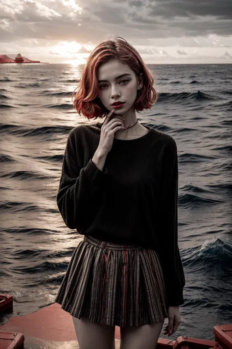 raw photo, selfie from iphone 14 pro max, high quality, best quality, absurdres, 1girl, beautiful woman, detailed face, (visible hands:1.6) (pale skin:1.8), lipstick, looking at viewer, short hair, pink hairs, yellow eyes, standing in the middle of an old raft on a (red colored ocean:1.7), wearing a white skirt and a black shirt, sleeves rolled up, grey sky, <lora:LowRa:0.4>, <lora:polyhedron_skinny_all:0.2>, <lora:detailed_eye:0.5>, <lora:add_detail:1>, <lyco:GoodHands-beta2:1.0>