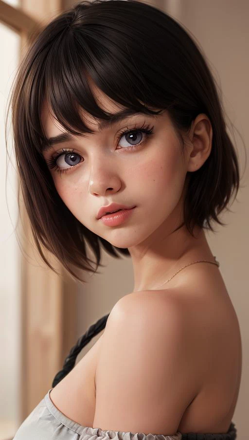 masterpiece, best quality, 1girl, <lora:polyhedron_new_skin_v1.1:0.45> detailed skin, short hair, messy hair, bangs, thick lips, long eyelashes, bright pupils, black hair, grey eyes, oversized shirt, english text, depth of field, expressions, upper body,