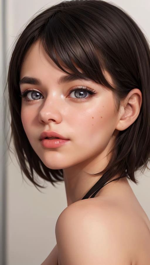 masterpiece, best quality, 1girl, <lora:polyhedron_new_skin_v1.1:0.45> detailed skin, short hair, messy hair, bangs, thick lips, long eyelashes, bright pupils, black hair, grey eyes, oversized shirt, english text, depth of field, expressions, upper body,