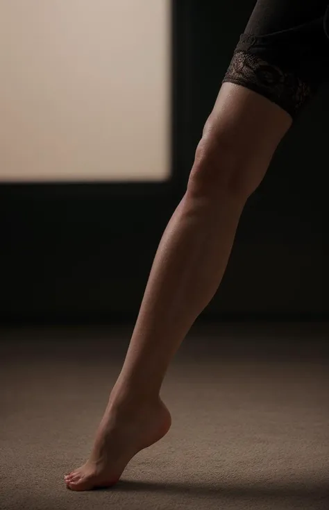 (medium shot:1.3), (hero view:1.3), naked Stoya with sky blue pale eyes and (defiantly arched leg:1.4) in high lace spats, ambient light casting dramatic shadows across her facial features, the reflection of neon flickers her eyes, the essence of futuristic noir epiCRealism <lora:polyhedron_new_skin_v1.1:0.3> detailed texture of skinny_new_skin