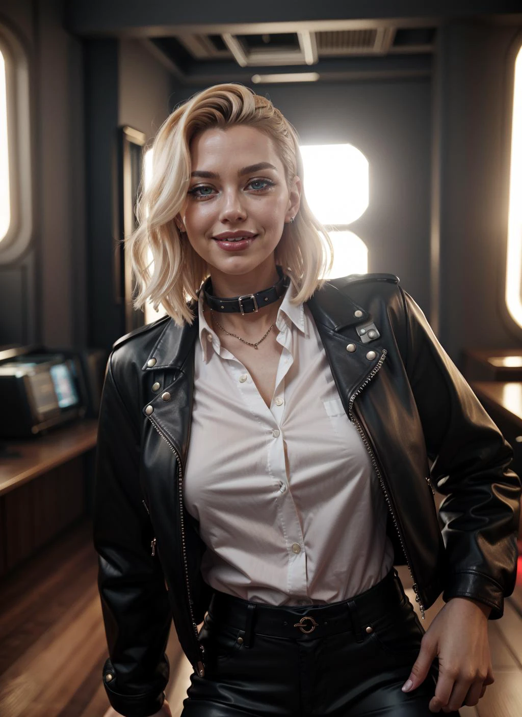 big eyes, pale skin, glossy lipstick , 1girl, solarpunk, (((retrofuturism))), mechanical parts, ((cyberpunk)), indoors, shirt, seductive smile, leather jacket, leather pants, collared jacket,
masterpiece, best quality,
<lora:epiC35mm:1> epiC35mm <lora:epiCRealismHelper:1> <lora:Raiou_Style:0.4> big lips, thick lips,