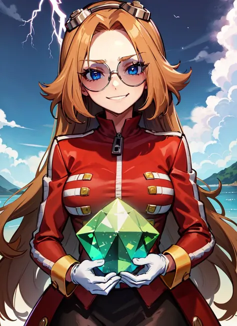 ((best quality)), ((highly detailed)), absurdres, extremely detailed face, beautiful face, (detailed eyes, deep eyes), (1girl), Perspective distortion, cowboy shot, <lora:eggmaam:.8>, eggmaam, (orange hair), long hair, blue-tinted eyewear, round eyewear, smirk, goggles on head, red jacket, thighhigh boots, black skirt, white gloves, ((holding giant green diamond shaped gemstone)), (outside, in a mansion, night, night sky, stars, half moon, shooting star, telescope, thunder storm)