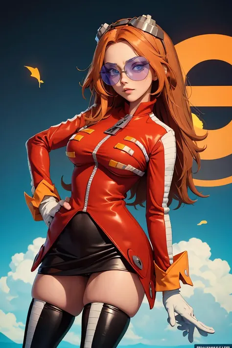 (masterpiece, best quality), 1girl, <lora:eggmaam:1> eggmaam, large breasts, wide hips, narrow waist, 1girl, solo, orange hair, long hair, red jacket, black skirt, black thighhigh boots, white gloves, round eyewear, blue-tinted eyewear, goggles on head