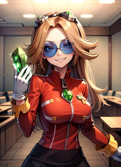 ((best quality)), ((highly detailed)), absurdres, (detailed eyes, deep eyes), (1girl), Perspective distortion, dynamic pose, upper body, <lora:hairdetailer:.6>, <lora:eggmaam:.8>, eggmaam, (orange hair), long hair, ((blue-tinted eyewear)), round eyewear, ((covered eyes)), smirk, goggles on head, red jacket, black skirt, thighhigh boots, white gloves, ((holding giant green diamond shaped gemstone)), (indoors, in a court room)