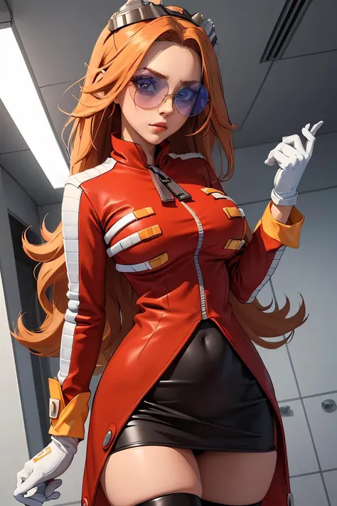 (masterpiece, best quality), 1girl, <lora:eggmaam:1> eggmaam, large breasts, wide hips, narrow waist, 1girl, solo, orange hair, long hair, red jacket, black skirt, black thighhigh boots, white gloves, round eyewear, blue-tinted eyewear, goggles on head