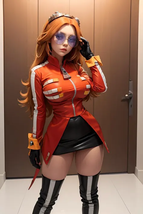 (masterpiece, best quality), 1girl, <lora:eggmaam:1> eggmaam, large breasts, wide hips, narrow waist, 1girl, solo, orange hair, long hair, red jacket, black skirt, black thighhigh boots, white gloves, round eyewear, blue-tinted eyewear, goggles on head