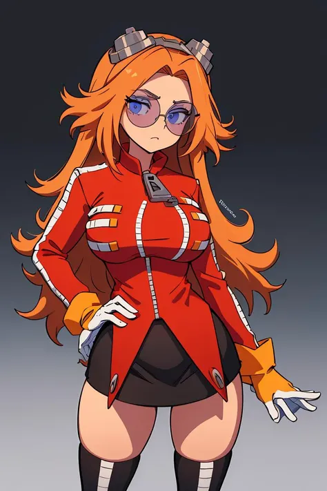 (masterpiece, best quality), 1girl, <lora:eggmaam:1> eggmaam, large breasts, wide hips, narrow waist, 1girl, solo, orange hair, long hair, red jacket, black skirt, black thighhigh boots, white gloves, round eyewear, blue-tinted eyewear, goggles on head