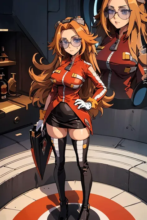 (masterpiece, best quality), 1girl, <lora:eggmaam:1> eggmaam, large breasts, wide hips, narrow waist, 1girl, solo, orange hair, long hair, red jacket, black skirt, black thighhigh boots, white gloves, round eyewear, blue-tinted eyewear, goggles on head