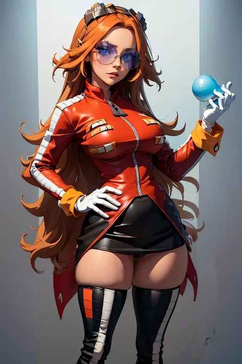 (masterpiece, best quality), 1girl, <lora:eggmaam:1> eggmaam, large breasts, wide hips, narrow waist, 1girl, solo, orange hair, long hair, red jacket, black skirt, black thighhigh boots, white gloves, round eyewear, blue-tinted eyewear, goggles on head