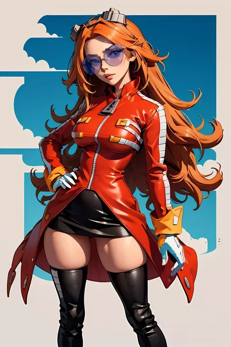 (masterpiece, best quality), 1girl, <lora:eggmaam:1> eggmaam, large breasts, wide hips, narrow waist, 1girl, solo, orange hair, long hair, red jacket, black skirt, black thighhigh boots, white gloves, round eyewear, blue-tinted eyewear, goggles on head