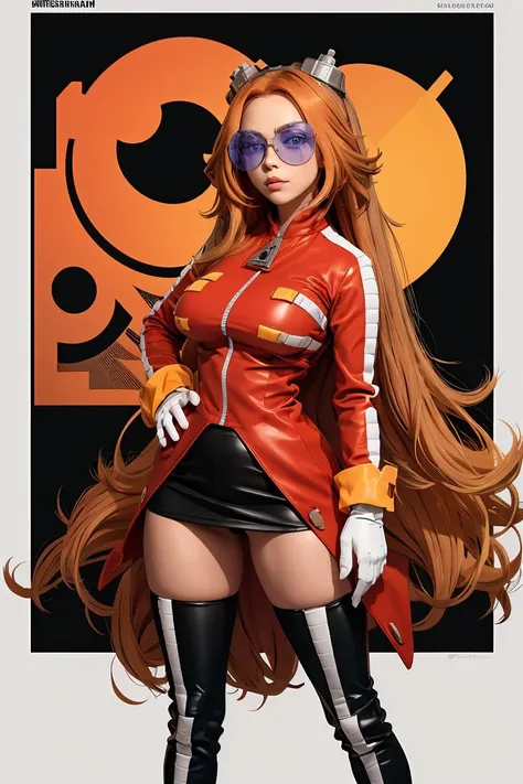 (masterpiece, best quality), 1girl, <lora:eggmaam:1> eggmaam, large breasts, wide hips, narrow waist, 1girl, solo, orange hair, long hair, red jacket, black skirt, black thighhigh boots, white gloves, round eyewear, blue-tinted eyewear, goggles on head