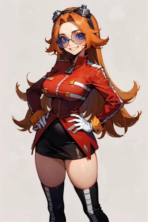 ((masterpiece, absurdres)), EchoSaber, (eggmaam), large breasts, wide hips, narrow waist, 1girl, solo, orange hair, long hair, lipstick, lips, red lips, full lips, red jacket, black skirt, black thighhigh boots, white gloves, round eyewear, blue-tinted eyewear, goggles on head, white background, simple background, flat background, grin, closed mouth, hand on own hip <lora:eggmaam-000005:0.65> <lora:EchoSaber-10:0.75>