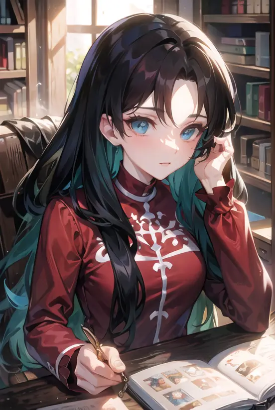 (masterpiece, best quality:1.4), (8k:1.3), ultra-detailed, highly detailed, extremely detailed light and shadow, Tyndall Effect, best light,
1girl, (tohsaka-rin:1.3), with hair dishevelled, (extremely detailed face:1.2), close-up, long hair, babydoll,
the study, the bookshelves, the desk full of books, the kerosene lamp, the sun shines into the study, the dust shines in the sun, the leather chair, primitive interior decoration, occult atmosphere, magic and fantasy,