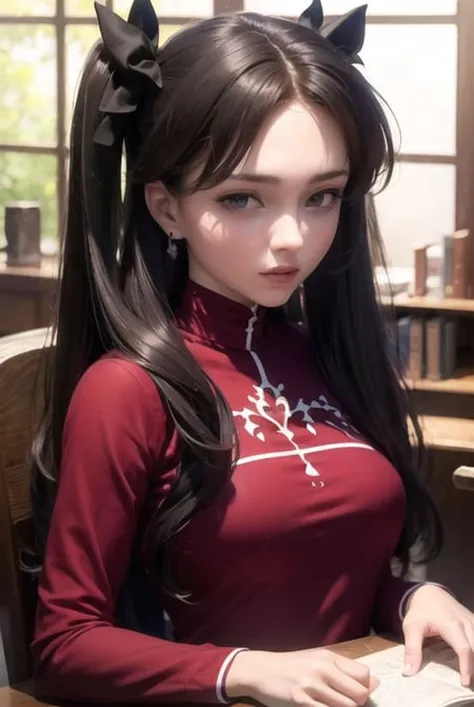 (masterpiece, best quality:1.4), (8k:1.3), ultra-detailed, highly detailed, extremely detailed light and shadow, Tyndall Effect, best light,
1girl, (tohsaka-rin:1.2), babydoll, twin tails, (extremely detailed face:1.2), close-up, earrings,
the study, the bookshelves, the desk full of books, the kerosene lamp, the sun shines into the study, the dust shines in the sun, the leather chair, primitive interior decoration, occult atmosphere, magic and fantasy,