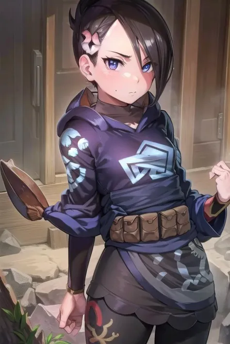 1boy, androgynus body, short black hair with blue highlights, blue eyes, shy face, black necklace, blue blouse, blue hood, black fingerless gloves, black shorts, blue boots, knife in the hand, big ass, cemetery background