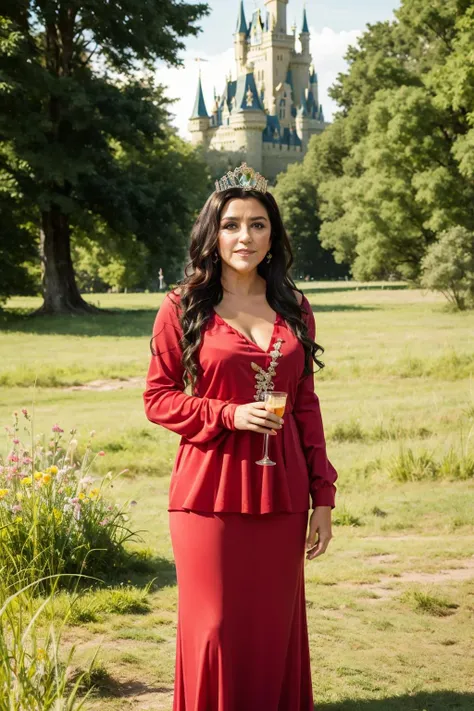 <lora:ReginaCase:0.9> ReginaCase as a princess with long dress and tiara outside in a grassland in a colorful and magical kingdom with castle, solo, upper body,