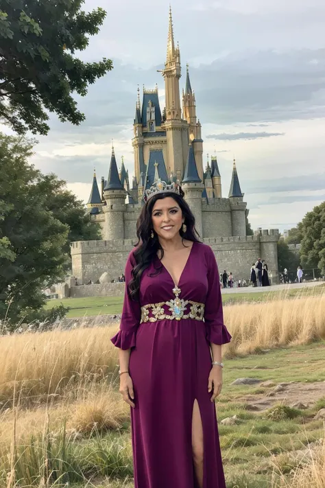 <lora:ReginaCase:0.9> ReginaCase as a princess with long dress and tiara outside in a grassland in a colorful and magical kingdom with castle, solo