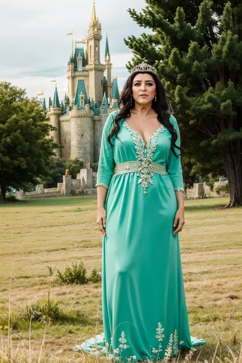 <lora:ReginaCase:0.9> ReginaCase as a princess with long dress and tiara outside in a grassland in a colorful and magical kingdom with castle, solo