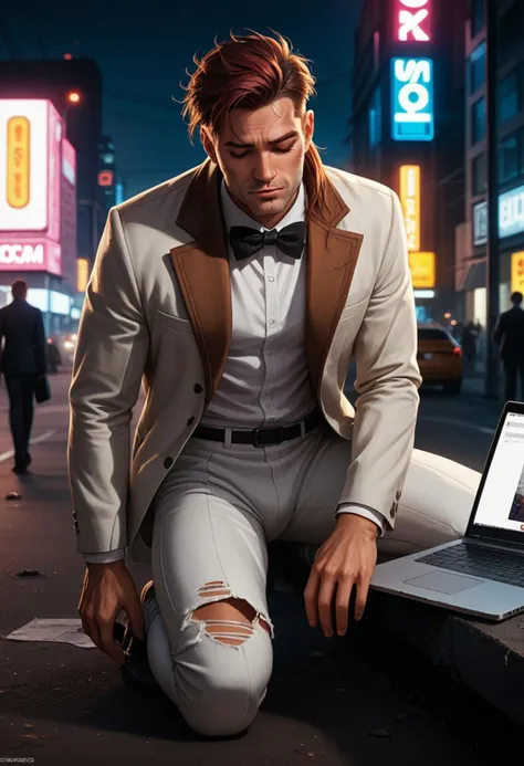 Dsk_Remy_Lebeau, 1boy, male focus, solo, solo focus, auburn hair, closed eyes, facial hair, bow, bowtie, formal, jacket, long sleeves, one knee, pants, ponytail, scarf, shirt, suit, torn clothes, white pants, white shirt, white suit, holding, laptop, computer, cyberpunk, city view, neon lights, outdoors, dirt, dust, studio photography, detailed eyes, detailed skin, textured skin, specular highlights, side lighting, extreme light and shadow, cinematic lighting, cinematic angle, score_9, score_8_up, score_7_up, score_6_up, score_5_up, score_4_up,