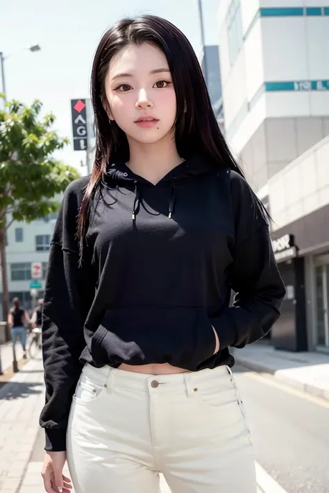 twicechaeyoung, woman, urban, streets, (day:1.1), RAW,(8k, best quality, masterpiece:1.2),(intricate details:1.4),(photorealistic:1.4),octane render, complex 3d render ultra detailed, studio soft light, rim light, vibrant details, ultra detailed, realistic skin texture, detailed face, beautiful detailed eyes, extremely detailed CG unity 8k wallpaper, makeup, (detailed background:1.2), (cowboy shot:1.2),(hip),(perfect anatomy:1.2),(black hoodie, long jeans:1.2), <lora:twicechaeyoung-v1:1>