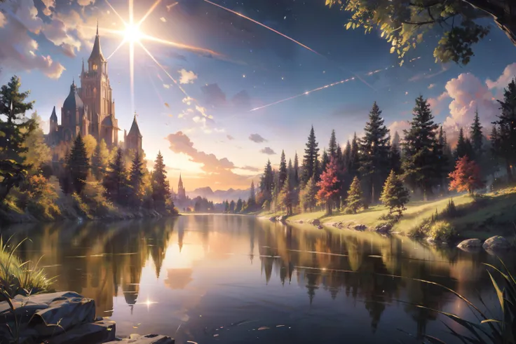 absurdres, [perfect shadows and lighting], detailed background, incredible high-key lighting, masterpiece, high quality, detailed, extremely detailed, ambient soft lighting, 4K beautiful landscape, perfect geometry,
grass, tress, lake, lantern, water reflection, lens flare