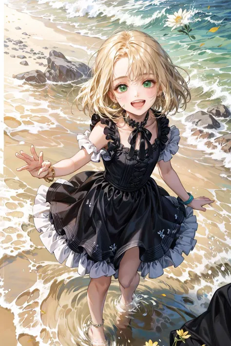 (masterpiece),(highest quality),highres,(an extremely delicate and beautiful),(extremely detailed),Amazing,finely detail,
This is a painting of a young girl having fun at the beach on a sunny day. The girl has blonde hair and green eyes,and she is wearing a blue dress with white flowers and frills. She also has a white flower in her hair,a black ribbon around her neck,and a bracelet on her wrist. She is running on the sand,splashing water with her bare feet,and smiling happily. She is looking at the viewer with an open mouth and showing her teeth. She has a tattoo on her left arm and an anklet on her right ankle. She is holding a starfish in her right hand and waving her left hand in the air., (petite:1.3),(child:1.3),6yo