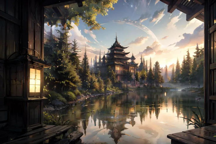 absurdres, [perfect shadows and lighting], detailed background, incredible high-key lighting, masterpiece, high quality, detailed, extremely detailed, ambient soft lighting, 4K beautiful landscape, perfect geometry,
grass, tress, lake, lantern, water reflection, lens flare
 <lora:cyber_asia-10:0.8> cyber_asia