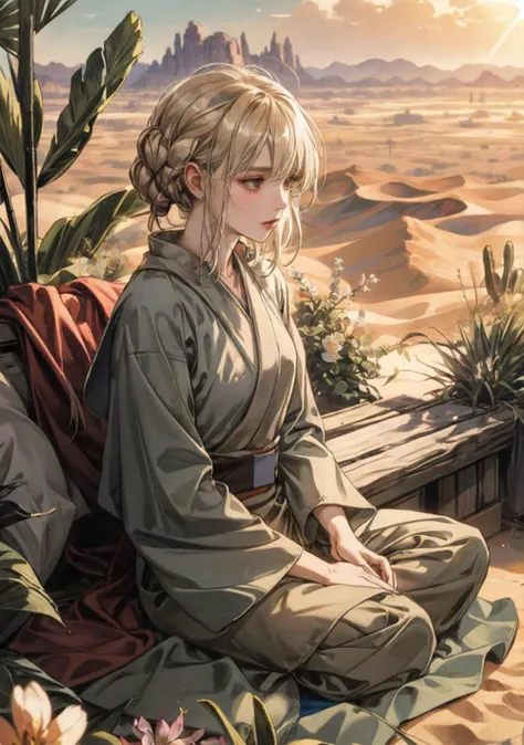 (Jedi meditation:1.3), serene photo,1girl, Jedi master in deep meditation, in jedioutfit, sitting cross-legged, (desert oasis:1.1), surrounded by blooming desert flowers, harmonizing with the Force, spiritual retreat, transcendent tranquility, desert enlightenment, Absurdres, hdr, ultra detailed illustration, extremely detailed face, RAW photo, film grain, skin pores, trending on deviantart <lora:jedioutfit:1> <lora:epiNoiseoffset_v2:1>