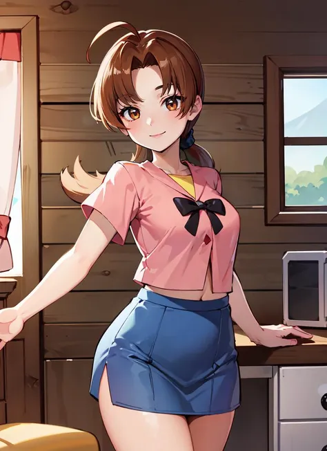 ((best quality)), ((highly detailed)), , (1girl), (solo), different views, cowboy shot, <lora:PKMN_Delia-DEF:.75>, delia (pokemon), brown hair, ponytail, ahoge, brown eyes, smiling, pink shirt, yellow shirt, blue skirt, (inside, in a cabin)
