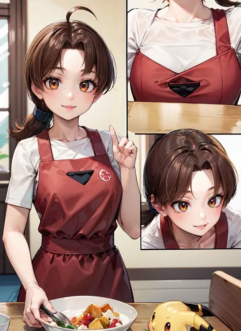 ((best quality)), ((highly detailed)), masterpiece, , (1girl), (solo), multiple views, dynamic pose, upper body, <lora:hairdetailer:.8>, <lora:PKMN_Delia-DEF:.7>, delia (pokemon), brown hair, ponytail, ahoge, brown eyes, smiling, , (inside, at a dining room)