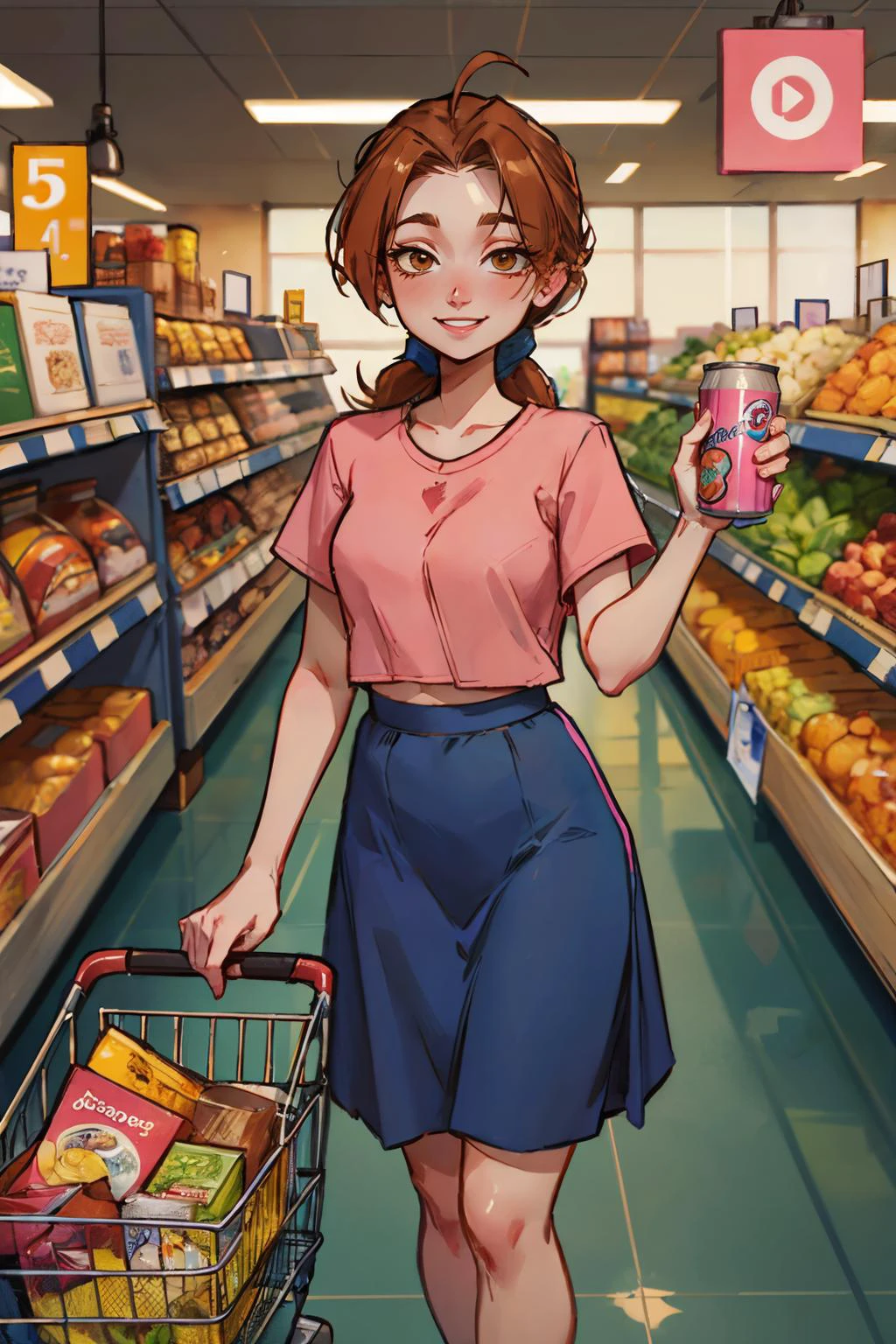 delia, brown eyes, brown hair, ponytail, ahoge, pink shirt, yellow shirt,blue skirt, looking at viewer, smiling, standing, inside grocery store, holding can of beans, shopping cart, aisle, bright lighting, high quality, masterpiece, <lora:PKMN_Delia-DEF:.7>