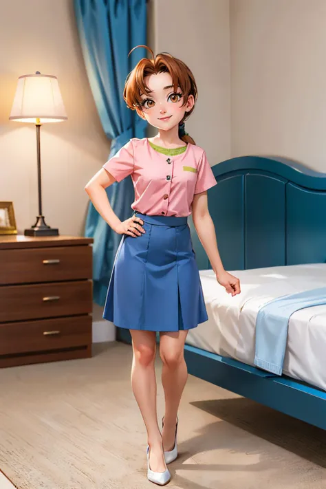 delia, brown eyes, brown hair, ponytail, ahoge, pink shirt, yellow shirt,blue skirt, white flats, looking at viewer, smiling, standing, full body shot, inside cozy bedroom, large bed, lamp, high quality, masterpiece, <lora:PKMN_Delia-DEF:.7>