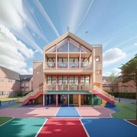 (masterpiece),(high quality), best quality, real,(realistic), super detailed, (full detail),(4k),8k,nursery school,outdoors, sky, day,real world location, cloud, building <lora:XSArchi_122:1>