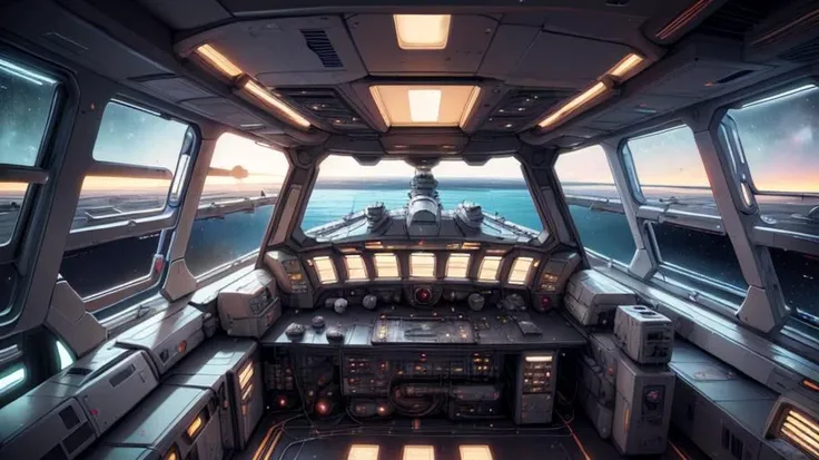 spaceship bridge, view of deep space through cockpit, sharp, realistic, 4k, film grain, bokeh, (bridge of an imperial cruiser:1.5), view port looking out into space, inside of a spaceship <lora:spaceship bridge-v1.0:1>