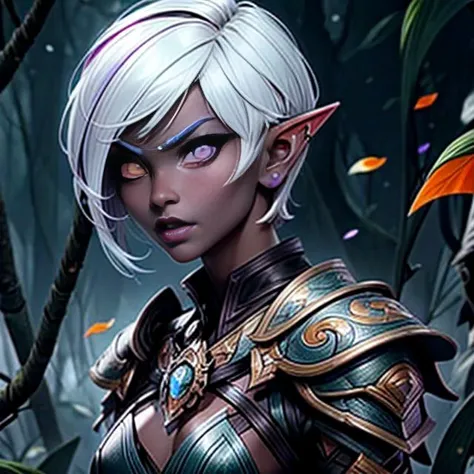 1 girl, focus on face, drow, pointed ears, (short pixie hair), pixie cut hairstyle, angry expression, (one iris is orange the other iris is purple), leather armor, ((heterochromia:1.3)), heterochromatic, multicolored eyes, eye detail, face detail, hair detail, heterochromia multicolored eye detail, clothing detail, dark forest, moonlight, <lora:add_detail:0.5> <lora:drow_offset:1> drow