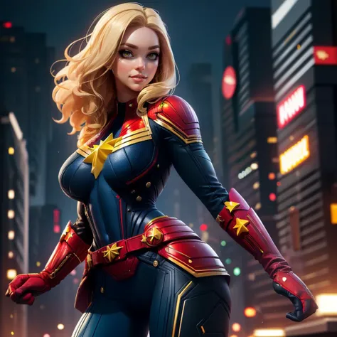 1girl,blonde hair:1,(curvy:0.6),thick thighs,big breasts,narrow_waist,navel,<lora:cptmarvel-nvwls-v1:1>,cptMarvel,bodysuit,red gloves,belt,(detailed skin:1.3, detailed face:1.3),dslr,realistic,cinematic lighting,