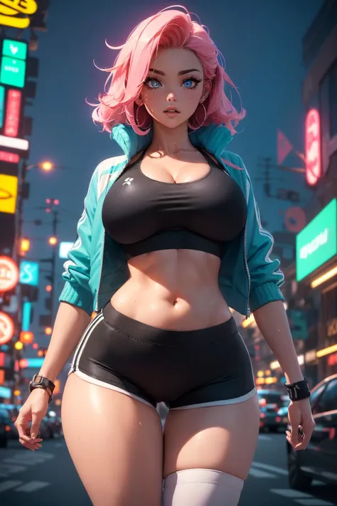 (1girl), ((sports bra, crop jacket, short shorts:1.3)), ((massive Breasts, breasts overflow, rounded breasts:1.3)), ((bimbo breast, torpedo breast:1.1)), ((accentuated breast, large pelvic, wide hip, midriff, narrow waist, curvy waist, fit:1.2)), ((slim, skinny waist:1.3)), modern hairstyle, colour streaked hair, highlights, ((sweaty)), ((sexy poses:1.3)), ((wide hips, groin)), ((huge pelvic)),
masterpiece, best quality, realistic, ultra highres, depth of field, (full dual colour neon lighting:1.2), (hard dual colour lighting:1.4), (detailed face:1.2), (detailed eyes:1.2), (detailed background), (masterpiece:1.2), (ultra detailed), (best quality), intricate, comprehensive cinematic, magical photography, (gradients), colorful, detailed landscape, visual key, shiny skin,
