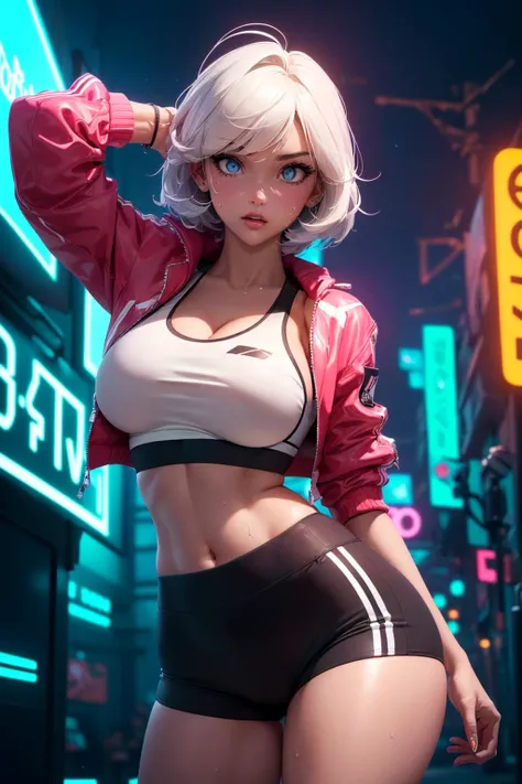 (1girl), ((sports bra, crop jacket, short shorts:1.3)), ((massive Breasts, breasts overflow, rounded breasts:1.3)), ((bimbo breast, torpedo breast:1.1)), ((accentuated breast, large pelvic, wide hip, midriff, narrow waist, curvy waist, fit:1.2)), ((slim, skinny waist:1.3)), modern hairstyle, colour streaked hair, highlights, ((sweaty)), ((sexy poses:1.3)), ((wide hips, groin)), ((huge pelvic)),
masterpiece, best quality, realistic, ultra highres, depth of field, (full dual colour neon lighting:1.2), (hard dual colour lighting:1.4), (detailed face:1.2), (detailed eyes:1.2), (detailed background), (masterpiece:1.2), (ultra detailed), (best quality), intricate, comprehensive cinematic, magical photography, (gradients), colorful, detailed landscape, visual key, shiny skin,