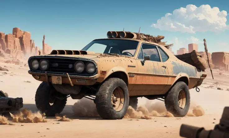(digital artwork), mad max, muscul car
masterpiece, best quality, realistic, ultra highres, depth of field, (detailed background), (masterpiece:1.2), (ultra detailed), (best quality), intricate, comprehensive cinematic, photography, (gradients), colorful, detailed landscape, visual key,