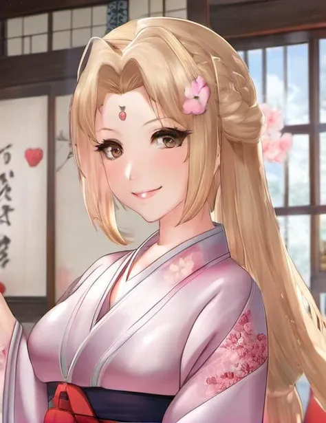 (masterpiece:1.4),best quality, 1girl, (huge breasts:1.3), curvy, hyperdetailed, adult, mature, woman, heart hair ornament, blush, thick lips,full body,
,kimono, japanese clothes,bra, <lora:ttsunade1:1>, long blonde hair,