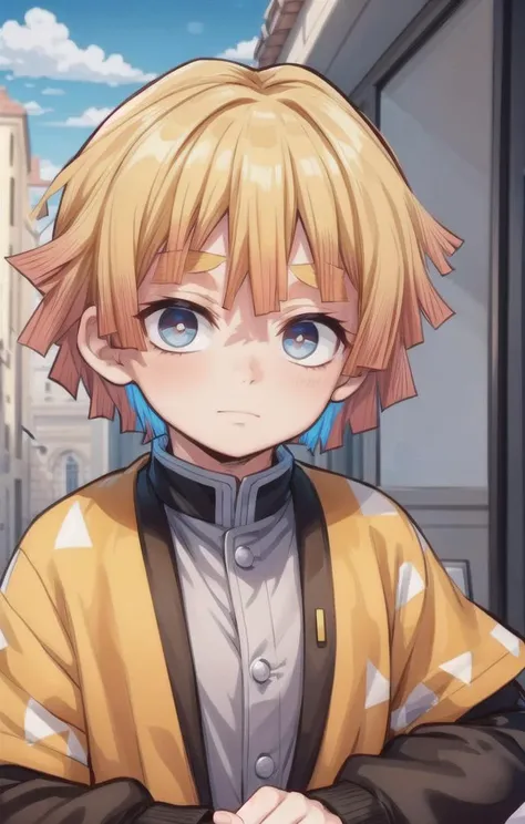 1 boy,more details in eyes,cute,looking at viewer, adorabel boy,cute face,details sky,handsome,young,juvenile,((masterpiece:1.4,best quality)),multiple details,colorful hair,eyeshadow,, sfw, <lora:agatsuma_zenitsu_v2:0.8>