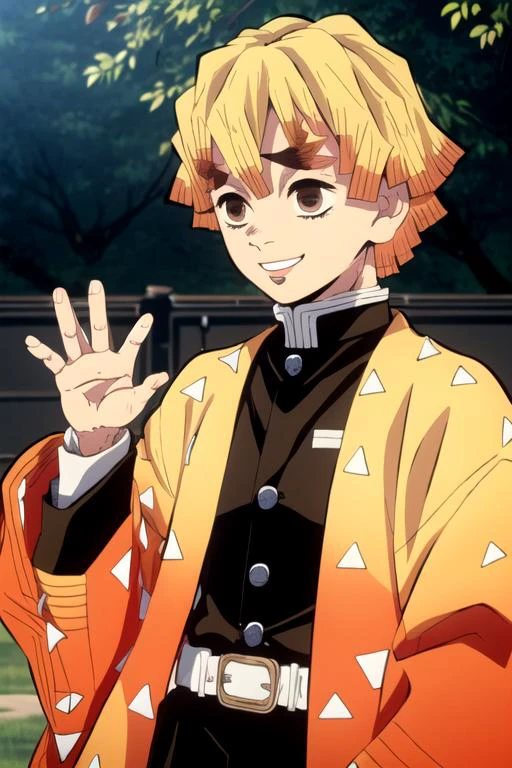 1boy, demon slayer uniform, male focus, solo, blonde hair, japanese clothes, triangle print, haori, long sleeves, short hair, jacket, white belt, outdoors, agatsuma zenitsu, thick eyebrows, brown eyes, smile, upper body, waving, <lora:agatsuma_zenitsu:0.9>, <lora:demonSlayerKimetsuNo_offset:0.95>