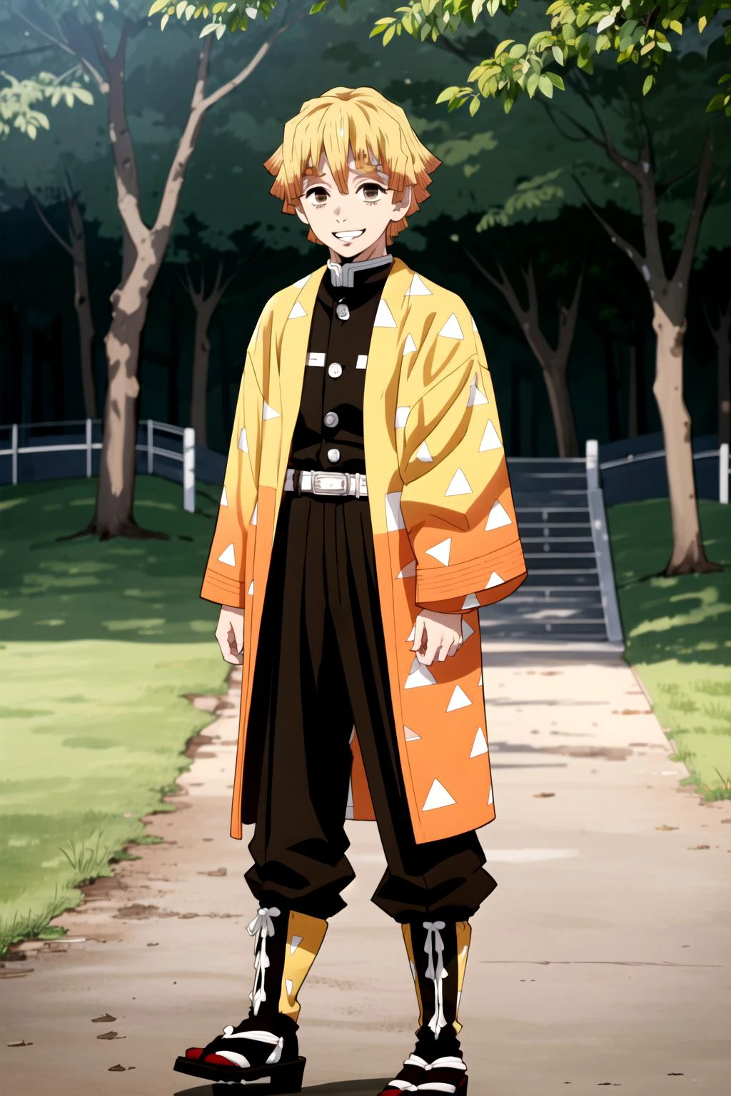 demon slayer uniform, 1boy, solo, male focus, two-tone hair, blonde hair, smile, japanese clothes, pants, long sleeves, facing viewer, haori, belt, full body, brown eyes, jacket, black pants, bangs, short hair, standing, tabi, grin, triangle print, white belt, black jacket, nature, agatsuma zenitsu, parody, anime screencap, <lora:agatsuma_zenitsu_v2-08:1>
